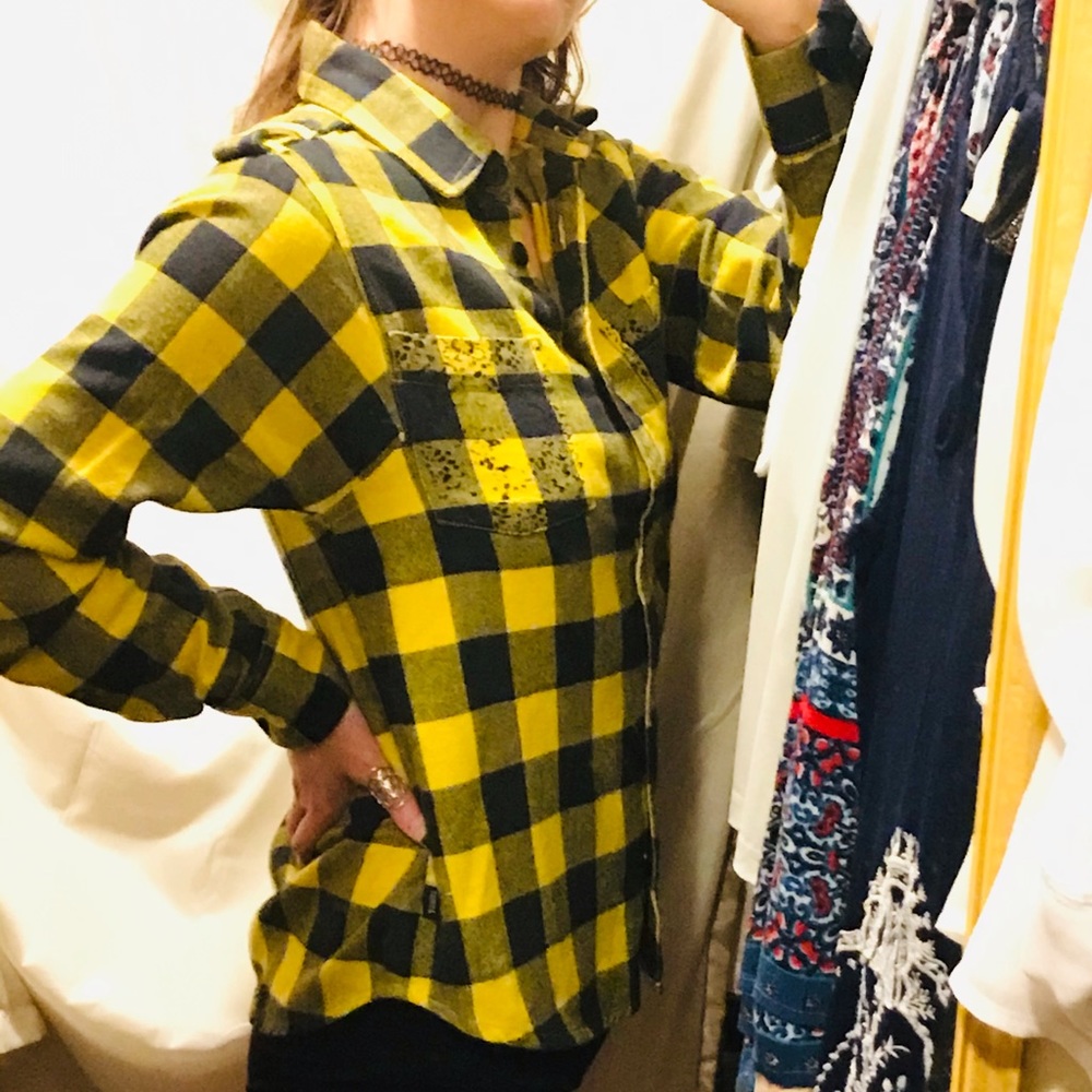 Stussy 90s streetwear Buffalo check cotton flannel shirt yellow black Small